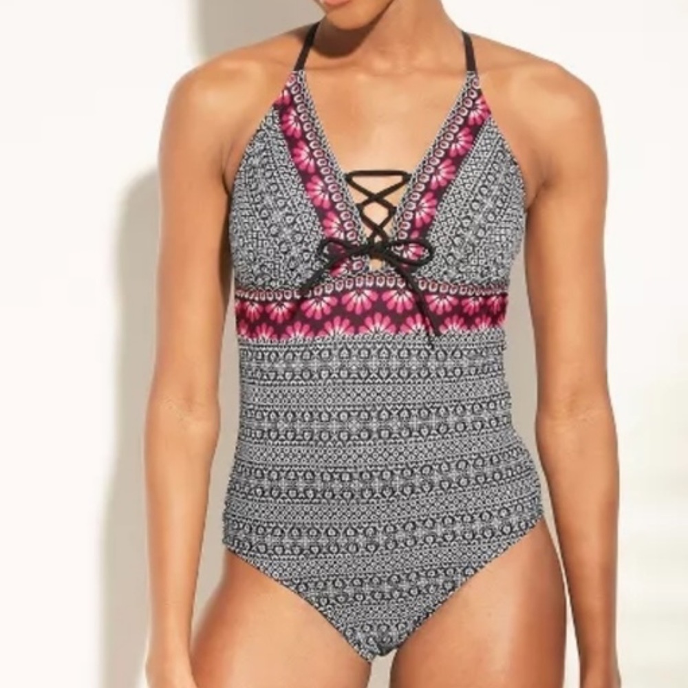 Kona Sol Black Floral Lace Up Tribal One Piece Swimsuit Size Large